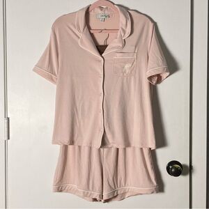 Como Sleep Pastel Pink Short Sleeve Button Down Shirt And Shorts Pajama Set